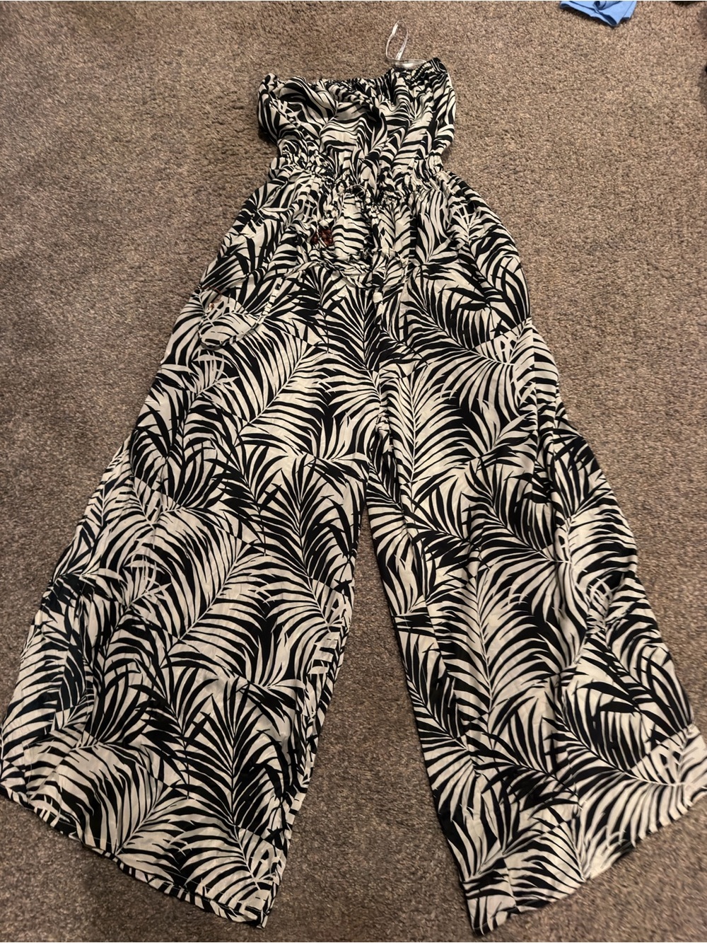Strapless Black & White Palm-Print Wide-Leg Jumpsuit